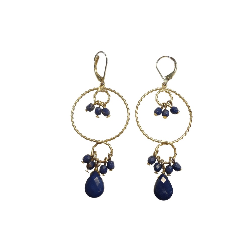 Drop Earrings Blue Gold Excellent Lapis Lazuli Boho Hoops